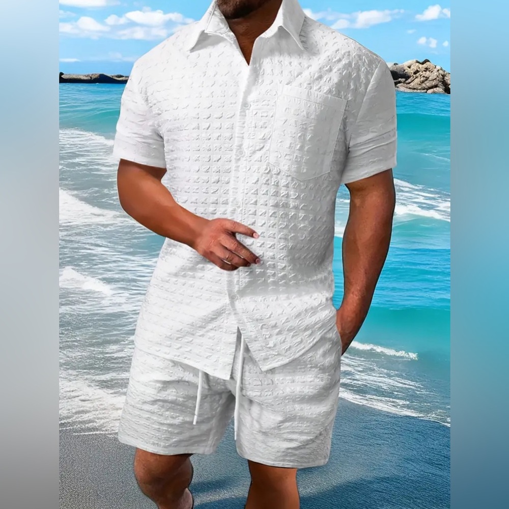 2-piece Casual Men's Outfit Set, Short Sleeve Button Down Shirt W/ Chest Pocket